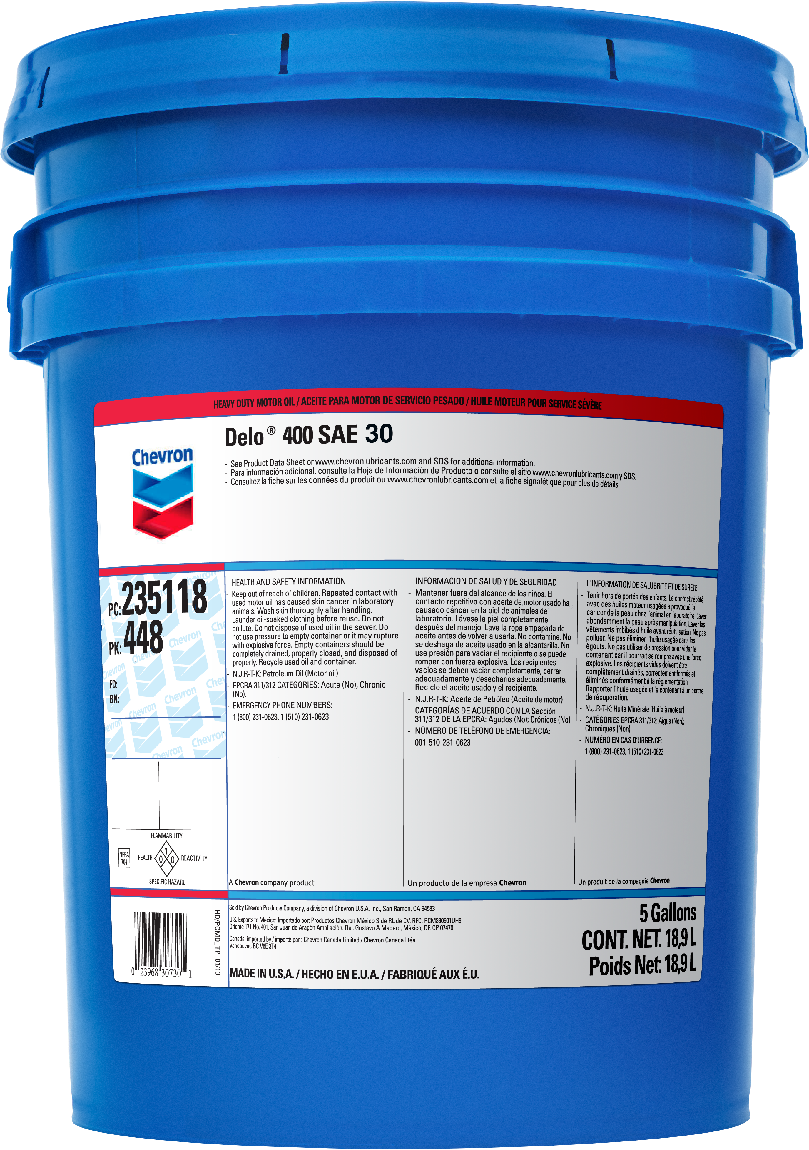 Chevron Delo 400 SAE 30   -  | Container: 5 Gallon Pail | Shipped as: 1 X 5 Gallon Pail