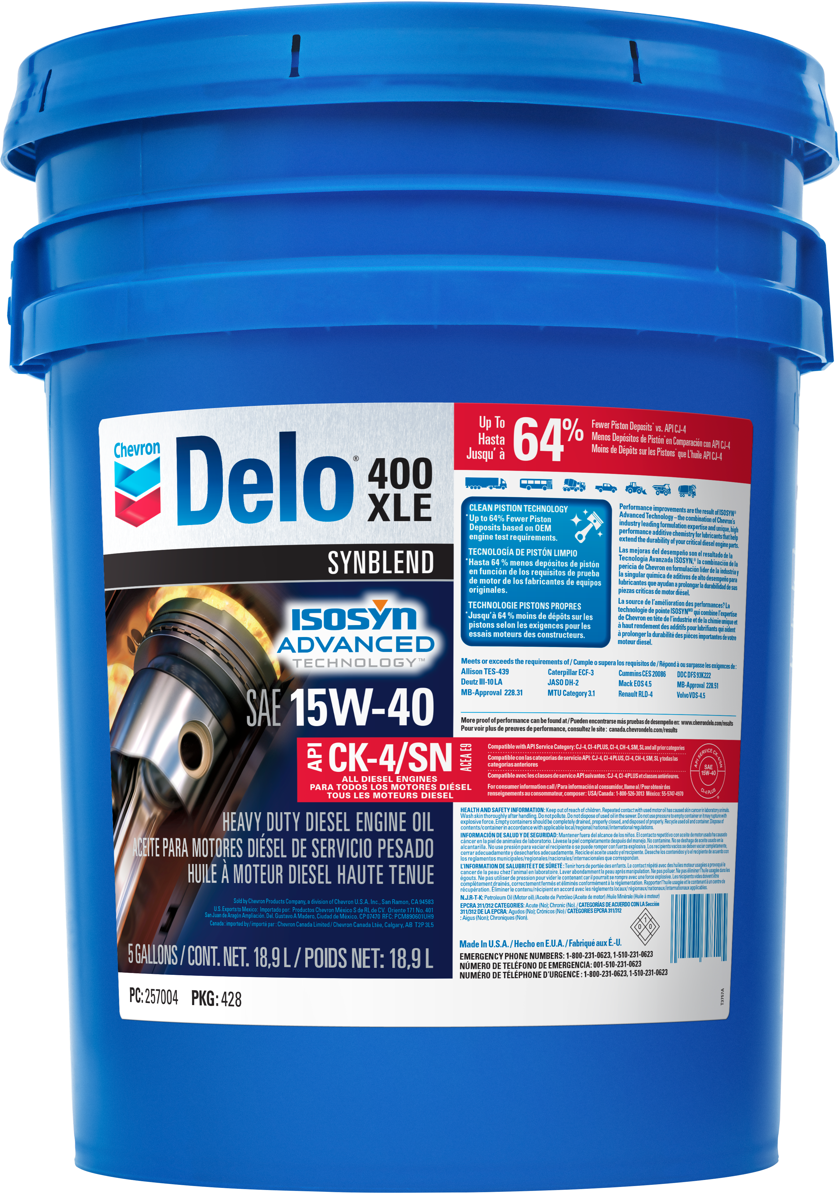 Chevron Delo 400 XLE SAE 15W-40 (Synblend)   -  | Container: 5 Gallon Pail | Shipped as: 1 X 5 Gallon Pail