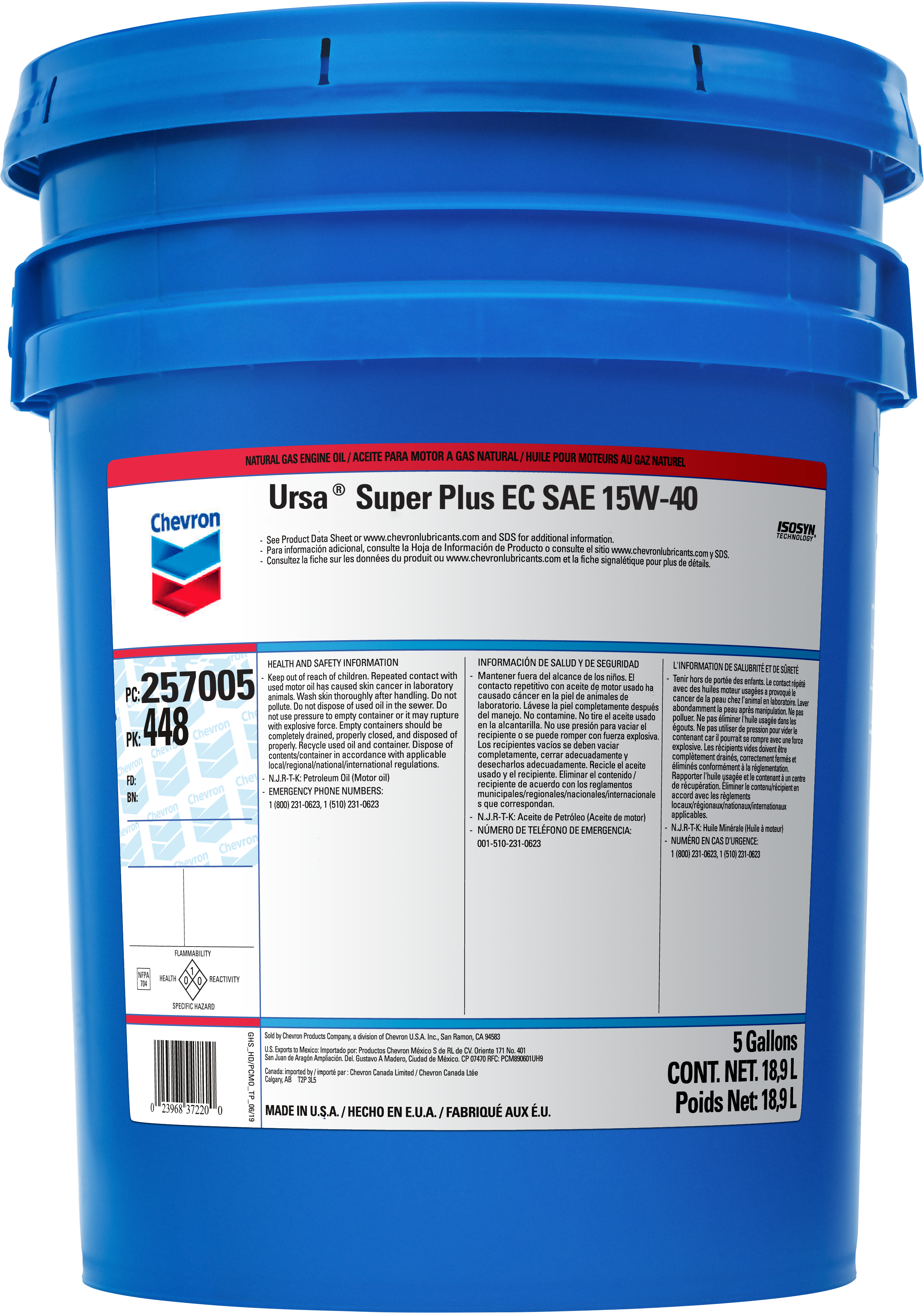 Chevron Ursa Super Plus EC SAE 15W-40   -  | Container: 5 Gallon Pail | Shipped as: 1 X 5 Gallon Pail