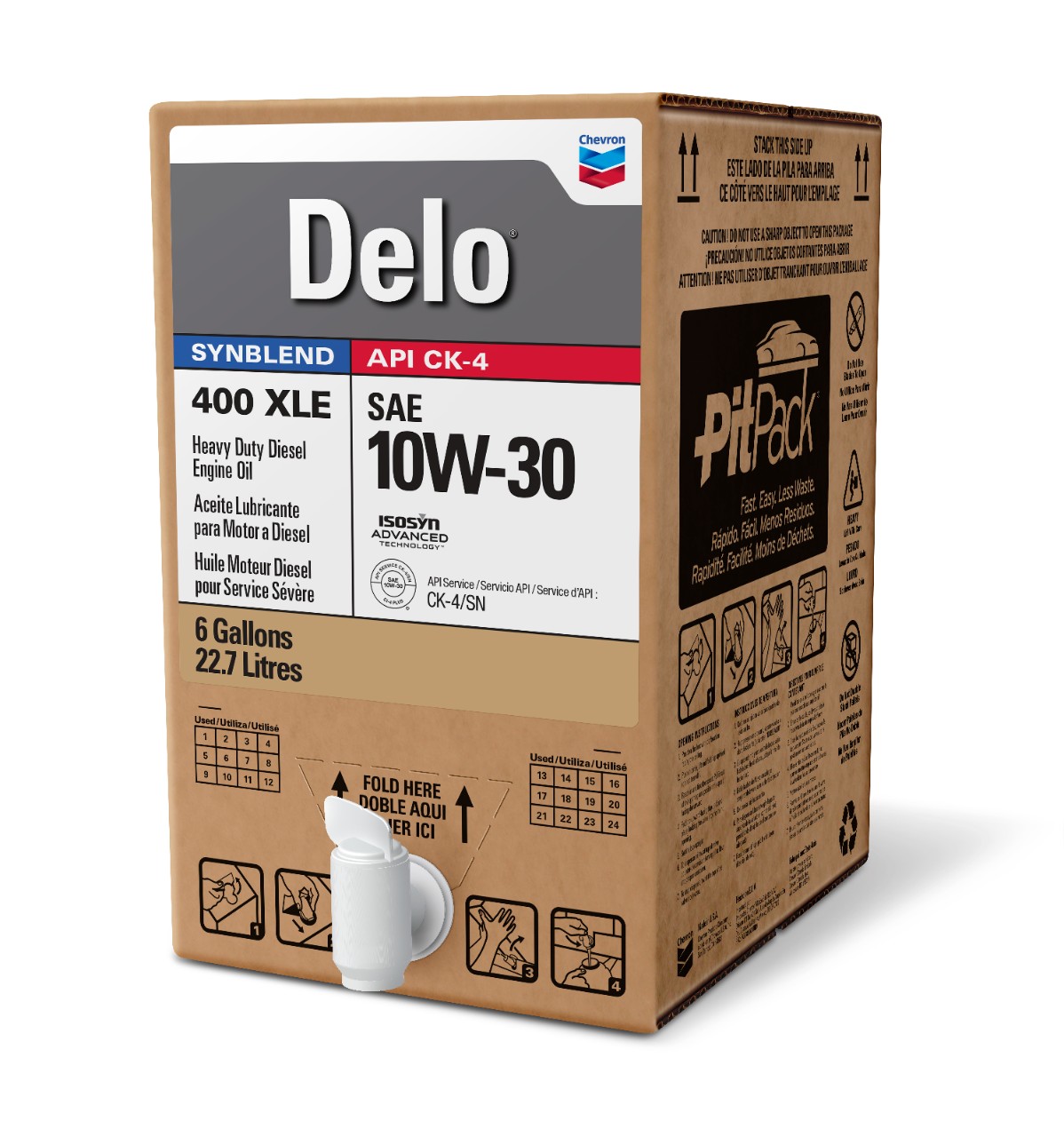 Chevron Delo 400 XLE SAE 10W-30 (Synblend)   -  | Container: 24 Qt/6 Gallon Bag in Box | Shipped as: 1 X 6 Gallon PitPack