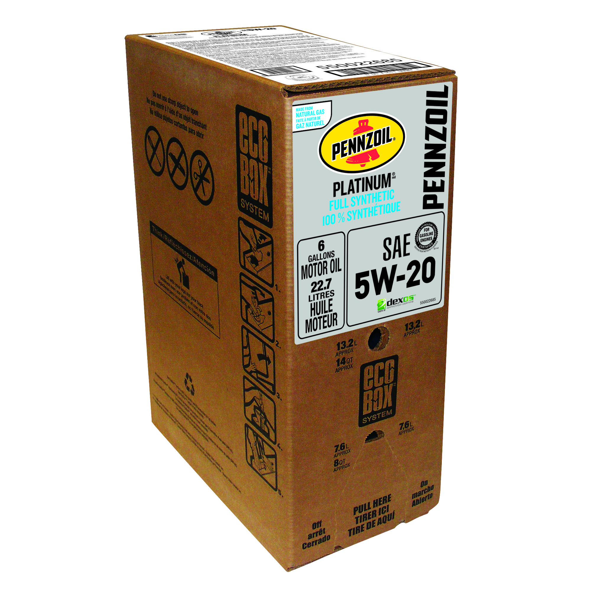 Pennzoil Platinum SAE 5W-20 Full Synthetic Motor Oil -  | Container: 24 Qt/6 Gallon Bag in Box | Shipped as: 1 X 24 Qt Ecobox