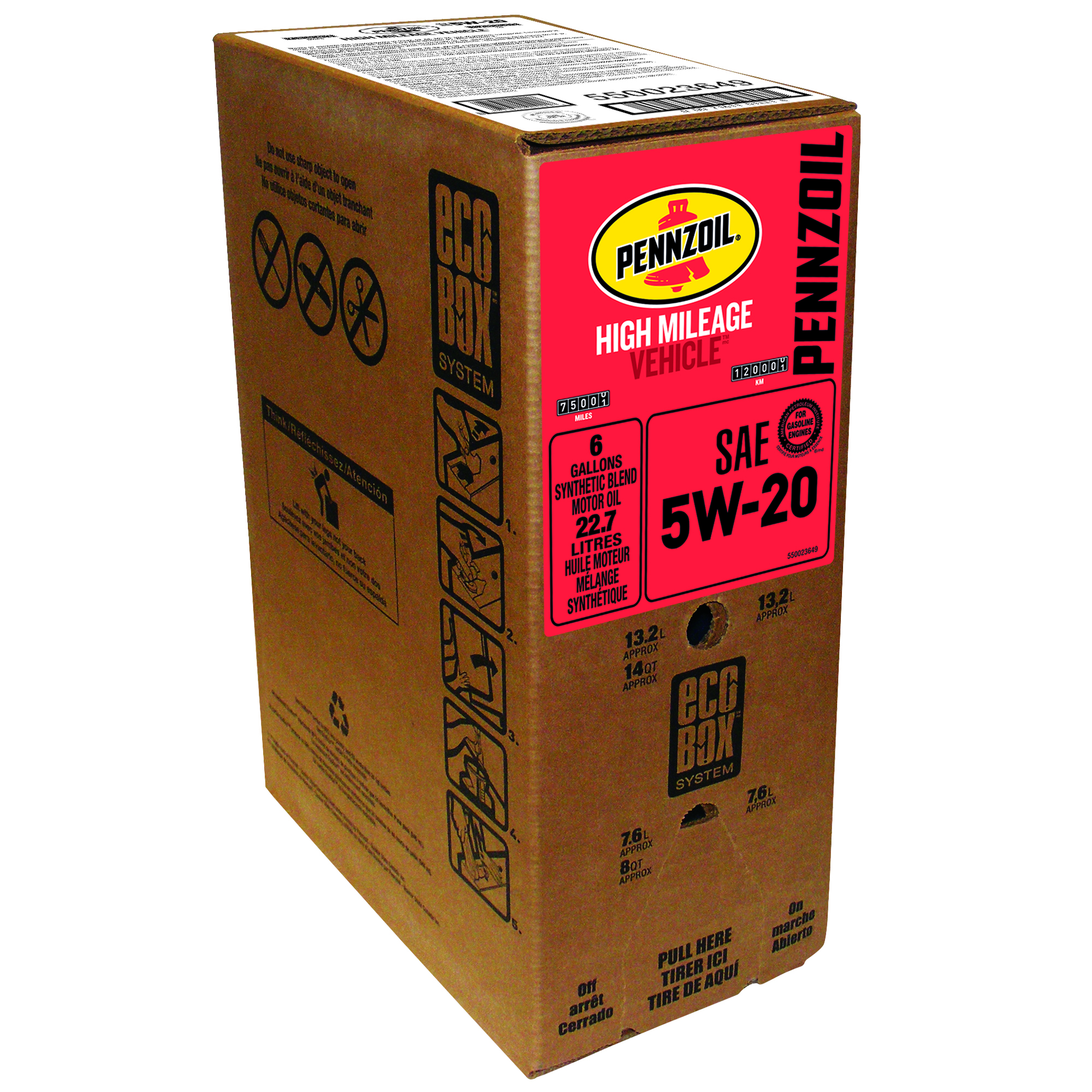 Pennzoil High Mileage SAE 5W-20 Motor Oil -  | Container: 24 Qt/6 Gallon Bag in Box | Shipped as: 1 X 24 Qt Ecobox