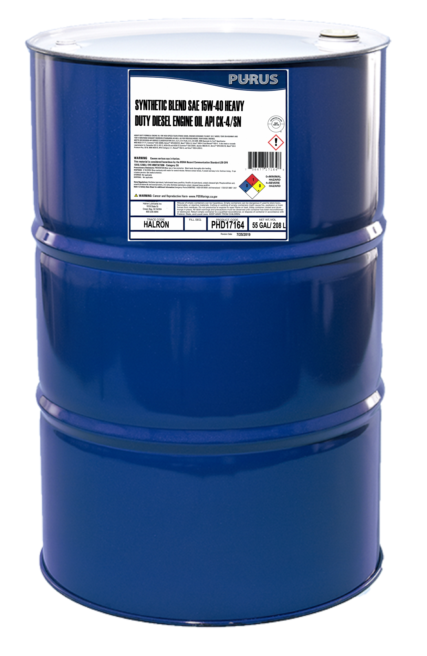 Purus Synthetic Blend SAE 15W-40 API CK-4/SN Engine Oil | 1 x 55 Gallon Drum -  | Container: 55 Gallon Drum | Shipped as: 1 X 55 Gallon Drum