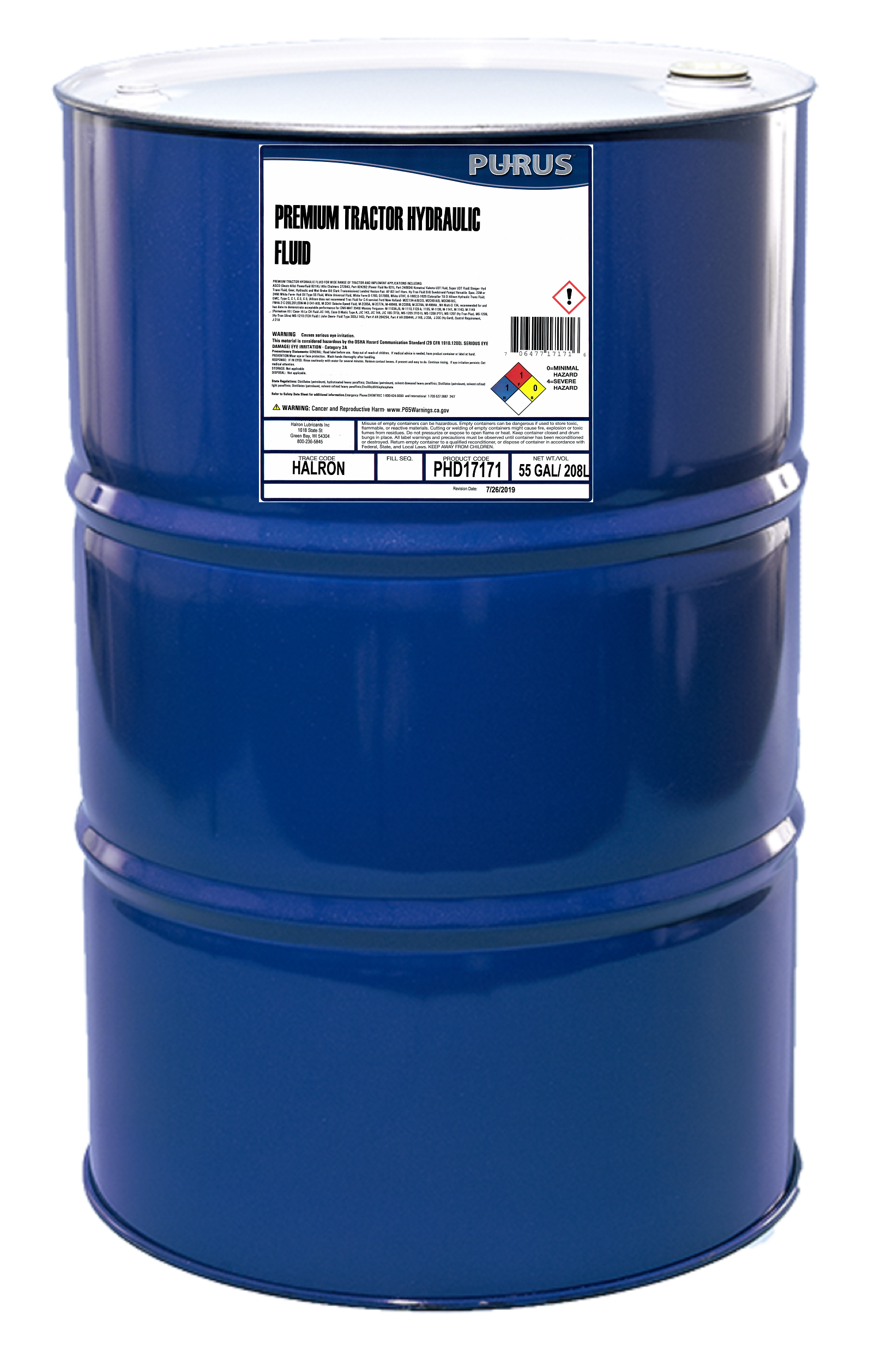 Purus Premium Tractor Hydraulic Fluid | 1 x 55 Gallon Drum -  | Container: 55 Gallon Drum | Shipped as: 1 x 55 Gallon Drum