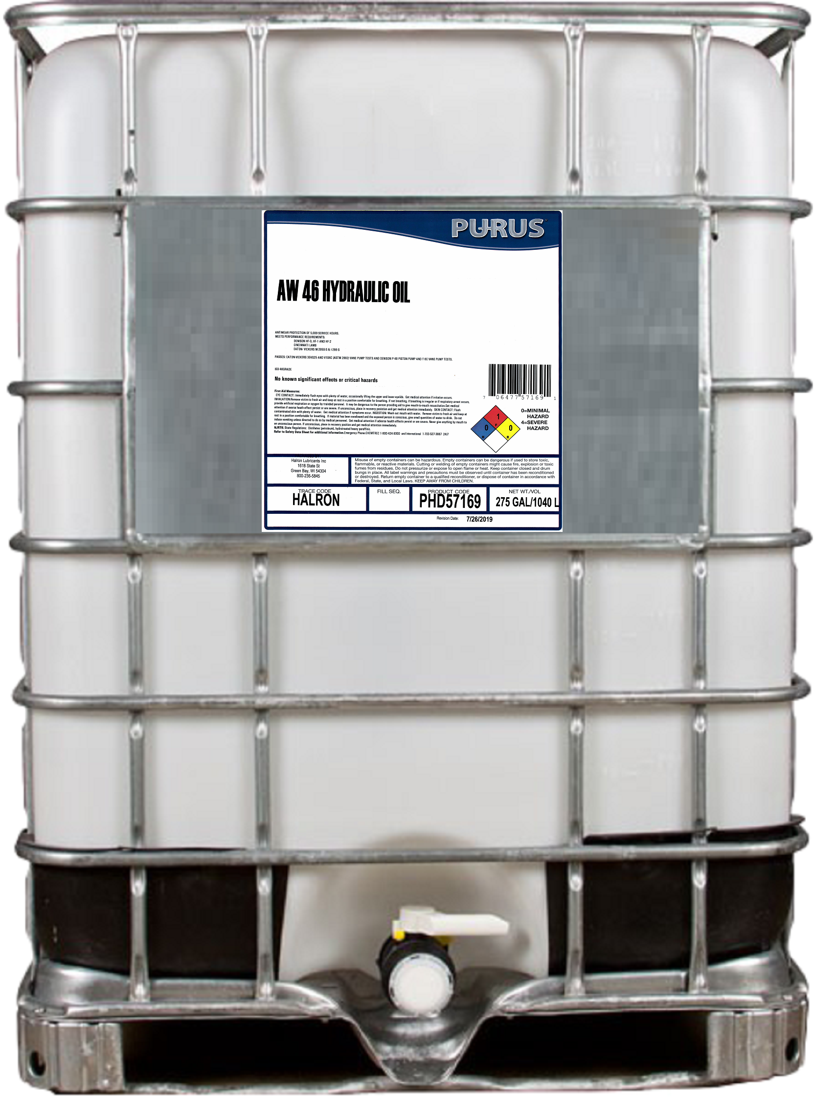 PURUS® Premium AW 46 Hydraulic Oil  -  | Container: 275 Gallon Tote | Shipped as: 1 x 275 Gallon Tote